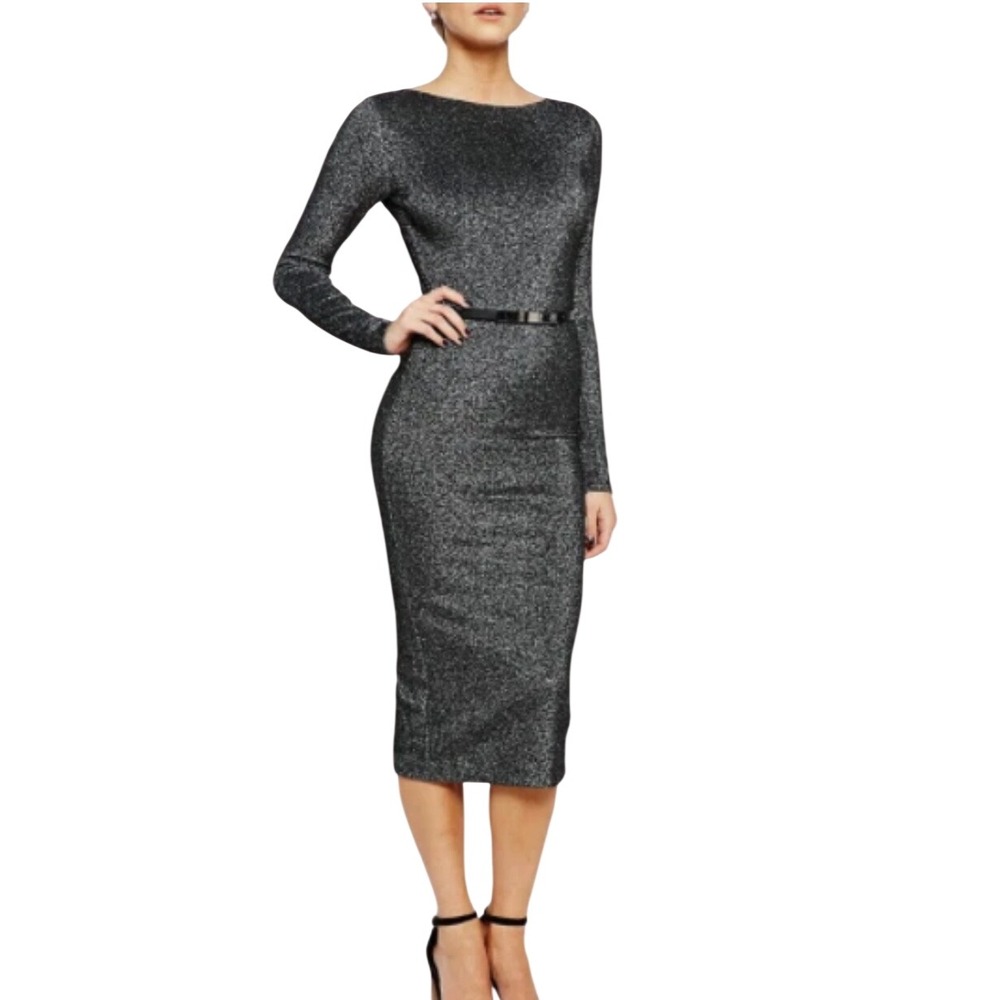 Ted Baker Dafney Dress Black Silver Glitter Shimmer Long Sleeve Midi 3/US 6-8